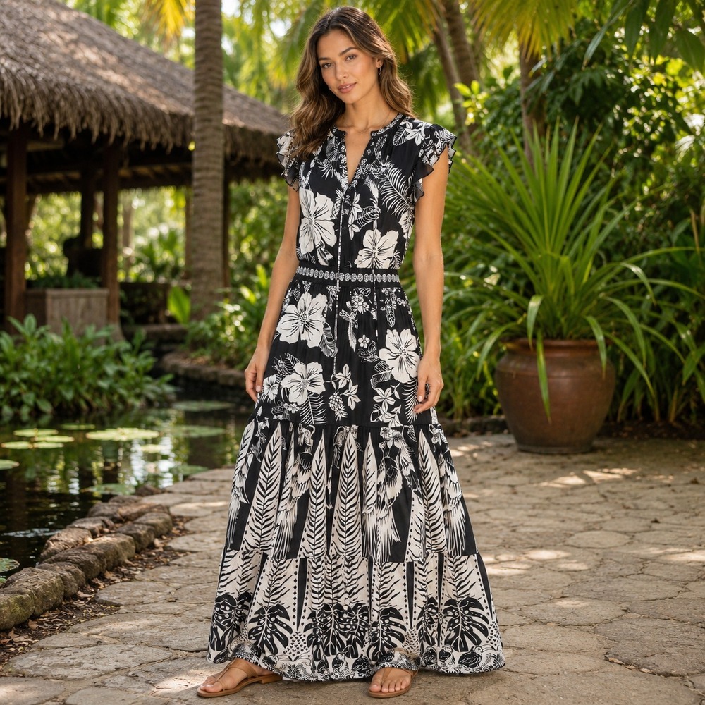 RACHEL‎ ZOE Womens New Maxi Dress XS Black White Floral Flutter Sleeve
